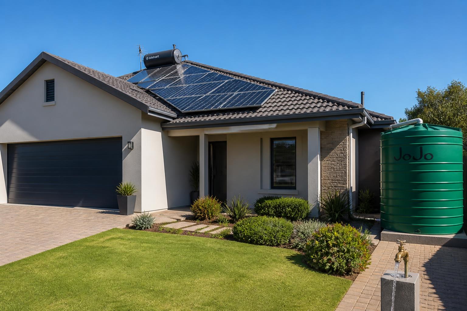 South African home featuring solar PV panels, a solar geyser, outdoor tap and backup water tank